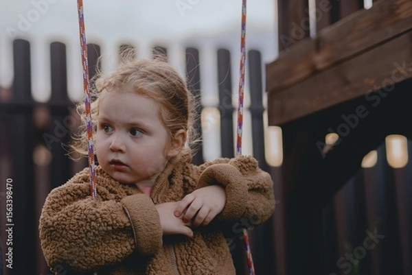 Fototapeta Beautiful 3-year-old girl playing on a neighborhood playground swinging, running on the grass, and enjoying fresh air. A joyful, natural moment full of real emotions and unaltered beauty