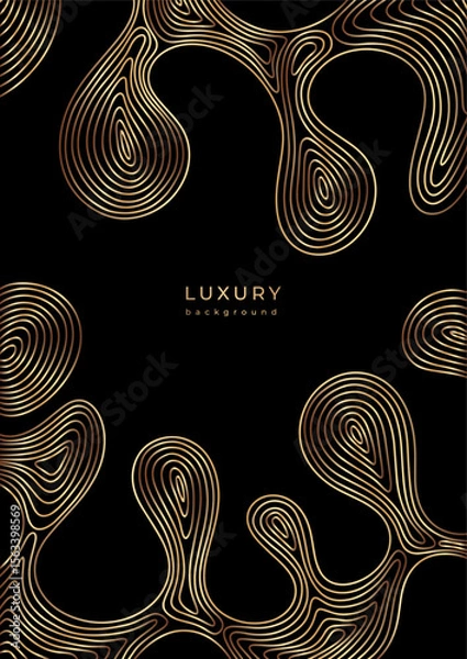 Fototapeta Template with linear drops. Wavy golden design. Luxury vertical banner with wave pattern. Flowing liquid texture. Bronze curves. Black background with gold lines. Geometric dynamical rippled surface
