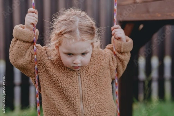 Fototapeta Beautiful 3-year-old girl playing on a neighborhood playground swinging, running on the grass, and enjoying fresh air. A joyful, natural moment full of real emotions and unaltered beauty