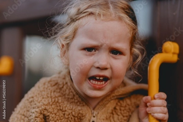 Fototapeta Beautiful and active 3-year-old girl plays on a neighborhood playground but becomes upset and starts crying. A raw, unaltered moment capturing real childhood emotions in a natural outdoor