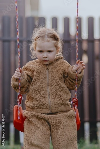 Fototapeta Beautiful 3-year-old girl playing on a neighborhood playground swinging, running on the grass, and enjoying fresh air. A joyful, natural moment full of real emotions and unaltered beauty