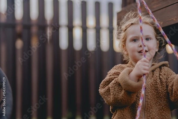 Fototapeta Beautiful 3-year-old girl playing on a neighborhood playground swinging, running on the grass, and enjoying fresh air. A joyful, natural moment full of real emotions and unaltered beauty
