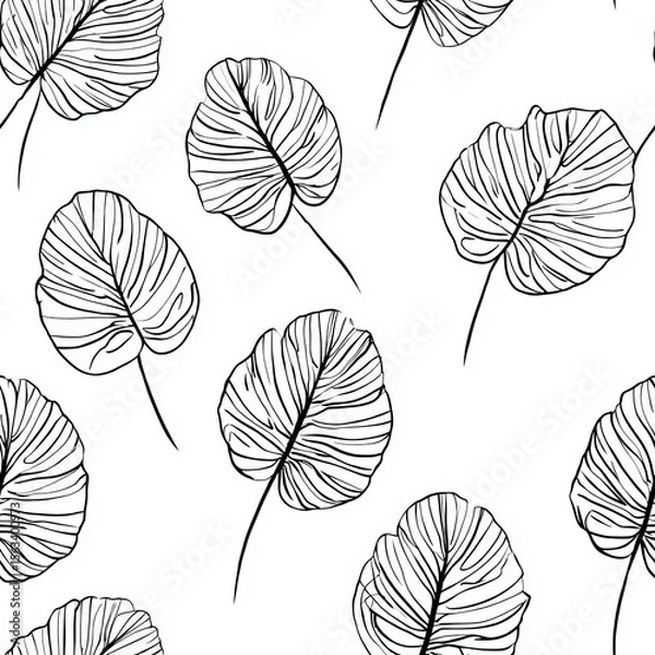 Fototapeta minimalist tropical leaf pattern, elegant single continuous line art of monstera and palm leaves, black on a clean white background, simple and sophisticated scandinavian feel