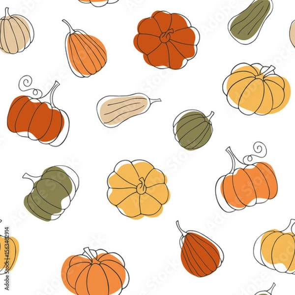 Fototapeta Seamless hand Drawn pumpkin pattern with black contour lines and colorful fills. Cute autumn aesthetic. Perfect for festive fabric print, kids projects, seasonal digital content, print, wrapping paper