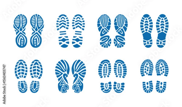 Fototapeta Shoe print set in blue color, featuring various sole patterns and footwear designs.