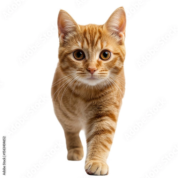 Fototapeta Orange tabby cat walking with focused expression isolated on transparent background.