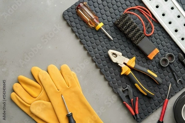 Fototapeta Top view of electrician tools including insulated gloves, pliers, screwdriver and wire brush arranged neatly on a textured rubber mat
