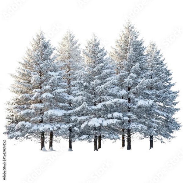 Fototapeta Snow covered pine trees in winter forest outdoor isolated on transparent background.