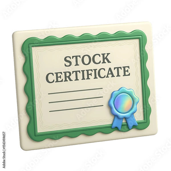 Fototapeta 3D stock certificate with a blue seal, representing equity ownership, investment proof, and shareholder documentation