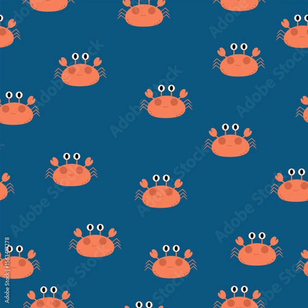 Fototapeta Playful seamless pattern with adorable orange cartoon crabs on a navy blue background. Perfect for kids’ textiles, wrapping paper, summer designs, and marine-themed products
