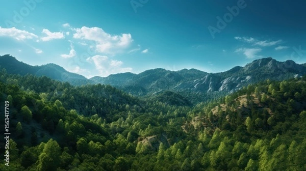 Fototapeta Vibrant summer mountain landscape with green forests, high peaks, and a panoramic view of the sky with clouds