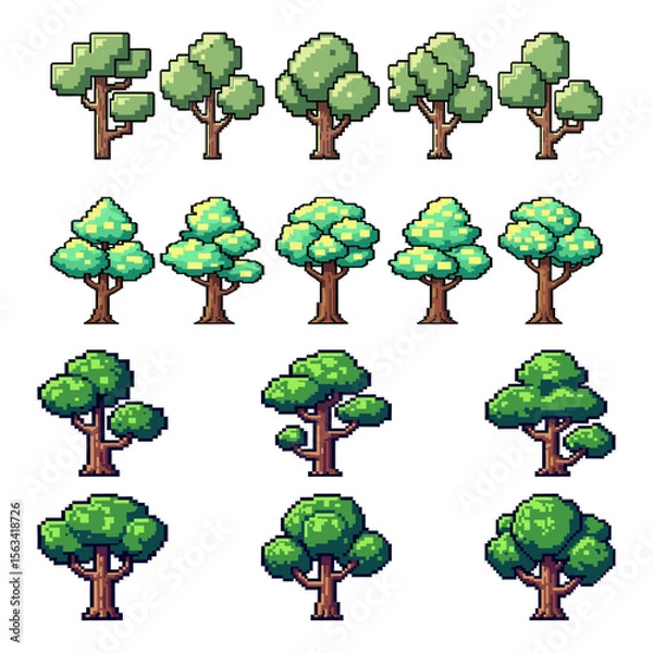 Fototapeta A collection of pixelated trees with varying shapes and sizes arranged in rows on a transparent background.