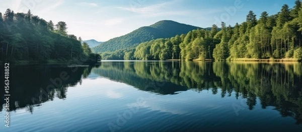 Fototapeta Nature's mirror: clear blue sky and mountains reflecting in a serene lake, framed by an autumn forest