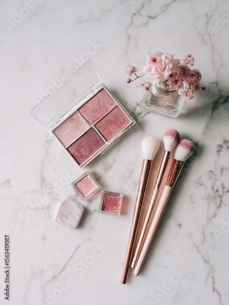 Obraz Clean and minimalistic flat lay featuring blush palette, makeup brushes, and small vase with flowers, creating serene and elegant atmosphere