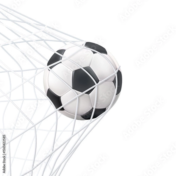 Fototapeta Soccer Ball in Net: A classic black and white soccer ball finds its mark, nestled in the back of the net, symbolizing victory and the thrill of the game.