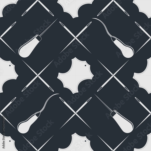 Obraz Leather craft seamless pattern with Genuine leather symbol and leather crafting tools. Vector illustration