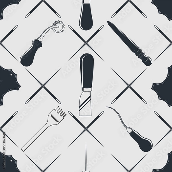 Obraz Leather craft seamless pattern with Genuine leather symbol and leather crafting tools. Vector illustration