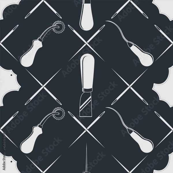Fototapeta Leather craft seamless pattern with Genuine leather symbol and leather crafting tools. Vector illustration