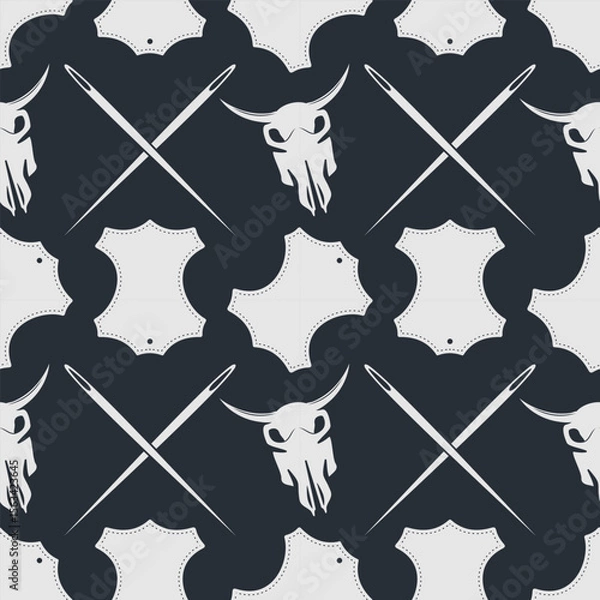 Obraz Leather craft seamless pattern with Genuine leather symbol and Bull skull. Vector illustration