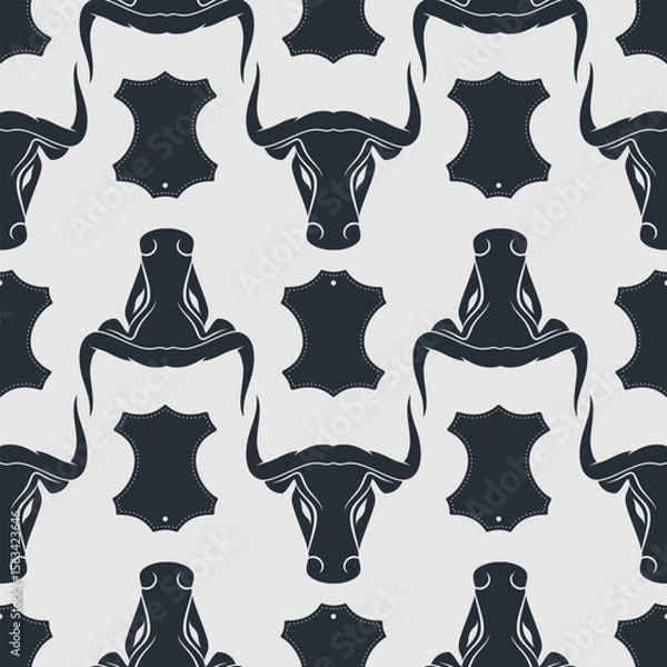 Fototapeta Leather craft seamless pattern with Genuine leather symbol and Bull's head. Vector illustration