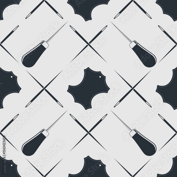 Fototapeta Leather craft seamless pattern with Genuine leather symbol and leather crafting tools. Vector illustration
