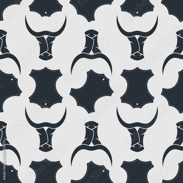 Obraz Leather craft seamless pattern with Genuine leather symbol and Bull's head. Vector illustration