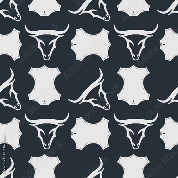 Obraz Leather craft seamless pattern with Genuine leather symbol and Bull's head. Vector illustration