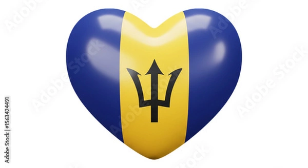 Obraz Barbados Heart Flag: A 3D heart-shaped rendering of the Barbadian flag, featuring the distinct trident emblem on a yellow and blue background.