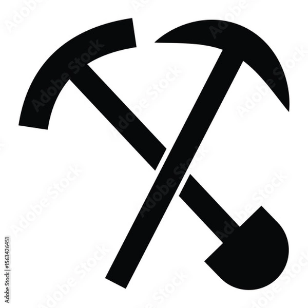 Fototapeta Crossing spade pickax icon. Crossed shovel and pickaxe vector illustration silhouette symbol website logo design. Black mining symbol icon isolated on white background. Vector illustration.