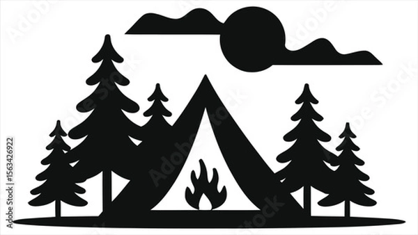 Obraz Simple camping scene silhouette logo/A black and white silhouette of a campsite, featuring a tent, campfire, and fir trees under a simple sky with sun and clouds.