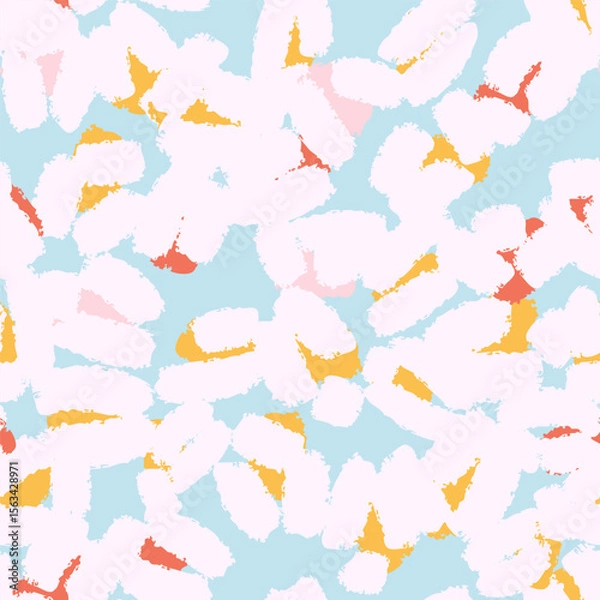 Fototapeta Floral seamless blue pattern with different abstract white fluffy  flowers. Vector background, design, print, wrapping paper, textile