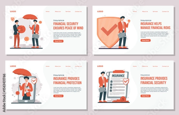 Fototapeta landing page template Insurance Concept set Featuring a Businessman with an Umbrella Financial Elements, and a Smartphone in Flat Design Vector Style, Representing Protection, Investment, and Security