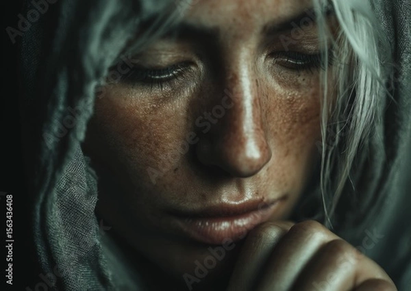 Obraz Closeup Portrait of a Woman with Freckles and Glitter