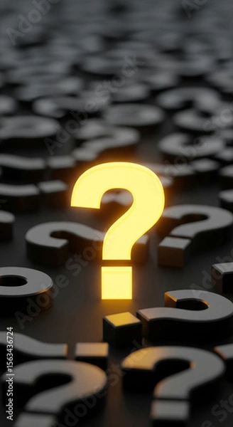 Fototapeta Glowing yellow question mark stands out among many dark grey question marks, symbolizing the search for answers or unique solutions