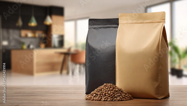 Obraz a close up view of 2 or 3 bags of dog food sitting on a kitchen countertop with a background of an out of focus full luxury kitchen or living area.