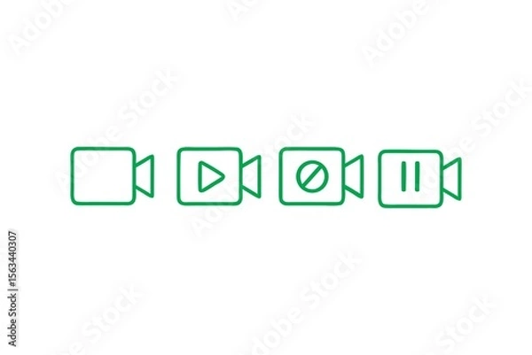 Obraz Four Green Outlined Video Camera Icons Displaying Record, Play, Stop, and Pause Functionalities, Representing Media Player Controls and Video Recording Options