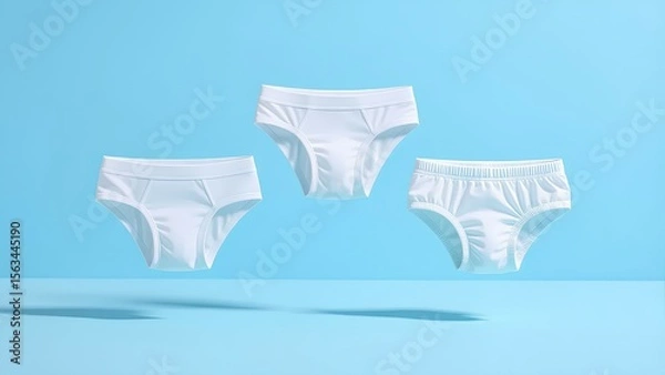 Fototapeta Three styles of white children's underwear floating in a row over a clean blue background. This minimalist banner is perfect for advertising kids' apparel, comfort, and hy