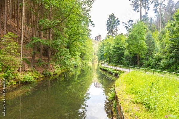 Obraz Scenic forest trail leading to the famous Bastei Bridge in Saxon Switzerland, Germany. Surrounded by lush greenery, sandstone cliffs and a small dam, this popular route offers pure hiking charm