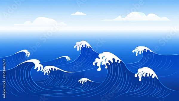 Fototapeta Abstract vector illustration of a sea and sky landscape with waves and clouds, capturing the essence of nature's ocean beauty