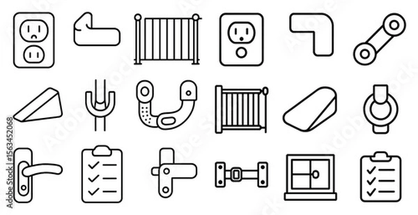Fototapeta Set of icons for various household items, including a clock, a door, a window, and a chair