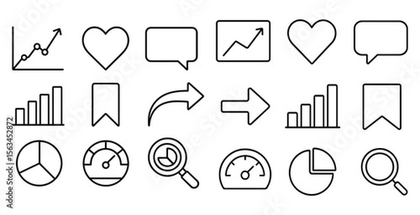 Fototapeta Collection of icons including a heart, arrow, and pie chart. The icons are all in black and white