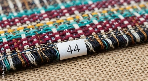 Fototapeta Close-up of Multicolored Woven Textile Fabric Sample with Number 44 Label