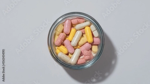 Fototapeta Multicolor capsules and tablets in glass jar on white surface casting shadow