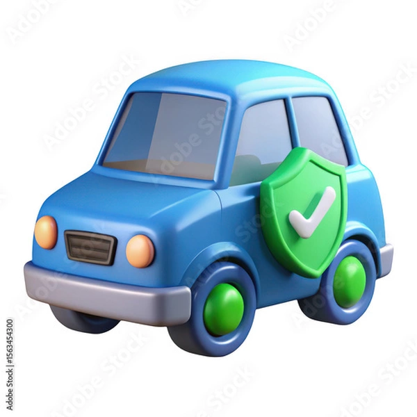 Fototapeta 3d blue car with green shield icon isolated on transparent background