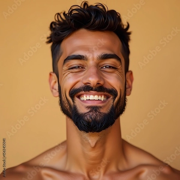 Fototapeta Man Smiling Portrait with Beard and Happy Expression Against Tan Background