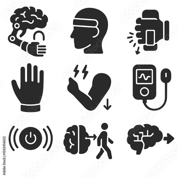 Fototapeta Neurological Rehab Devices Icons. Solid style icons of neurological rehab devices: brain-controlled arm brace, neurofeedback