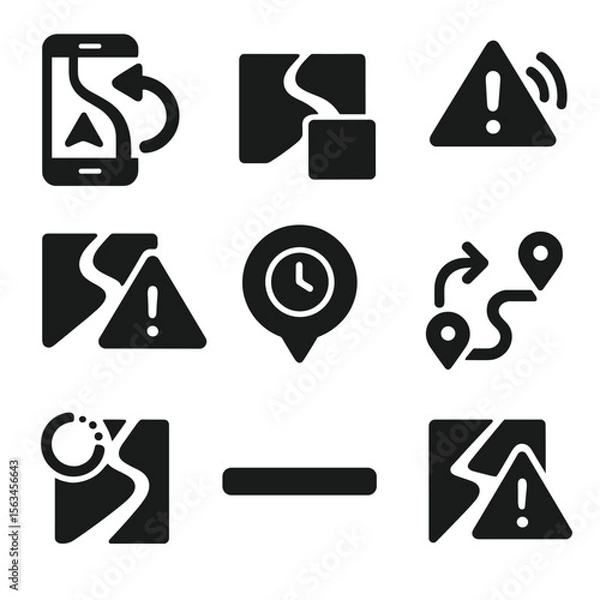Fototapeta Real-Time Navigation Icons. Solid style icons of real-time guidance updates: dynamic route change alert, roadblock overlay icon,