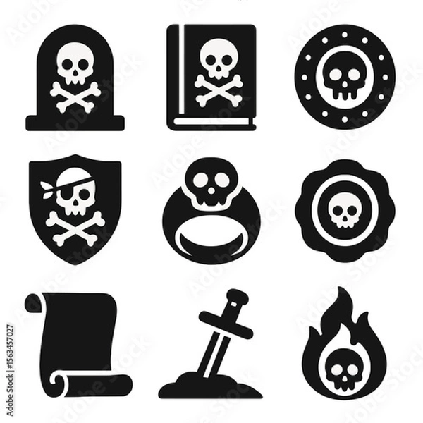 Fototapeta Pirate Icon Collection. Solid vector icons of pirate legacy and symbols: pirate tombstone, ship logbook, ancient coin, pirate