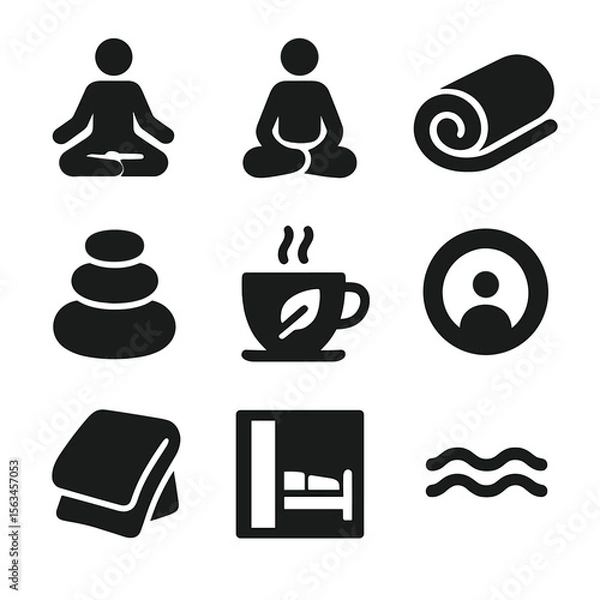 Fototapeta Wellness and Relaxation Icons. Solid vector icons of wellness and relaxation: lotus pose, person meditating, soft towel roll, zen