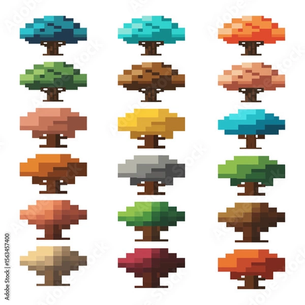 Fototapeta Whimsical pixel art trees collection with detailed pixelated textures, cute minimalist magical woodland trees on transparent background.